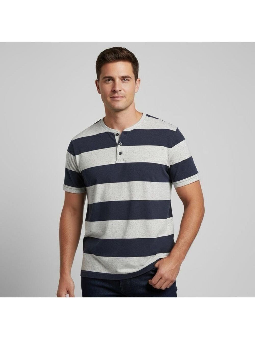 Y2K Vintage Kenneth Cole Reaction Men’s Striped Henley Tee Ivory blue Size L